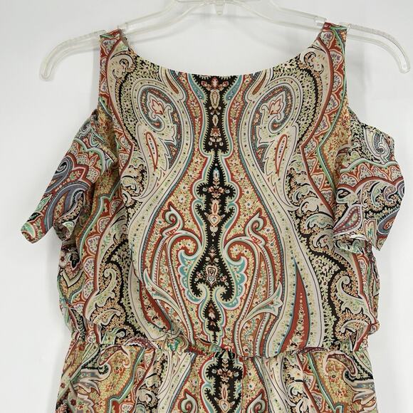 Chicos 1 Size M Boho Maxi Dress Cold Shoulders Beige Paisley Whimsical Colorful - Picture 8 of 11